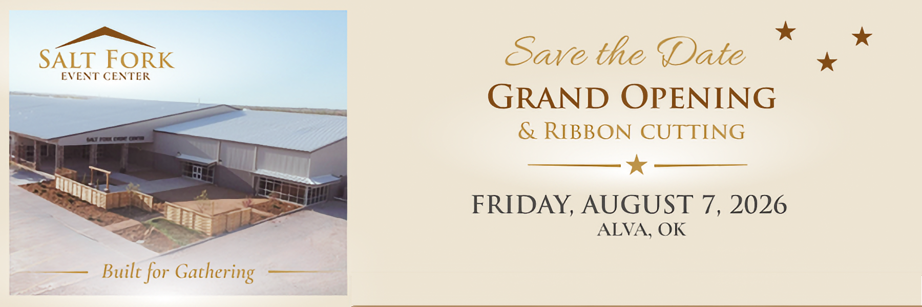 Salt Fork Event Center Grand Opening and Ribbon Cutting, Friday, August 7, 2026, from 4:00 to 7:00 PM in Alva, Oklahoma