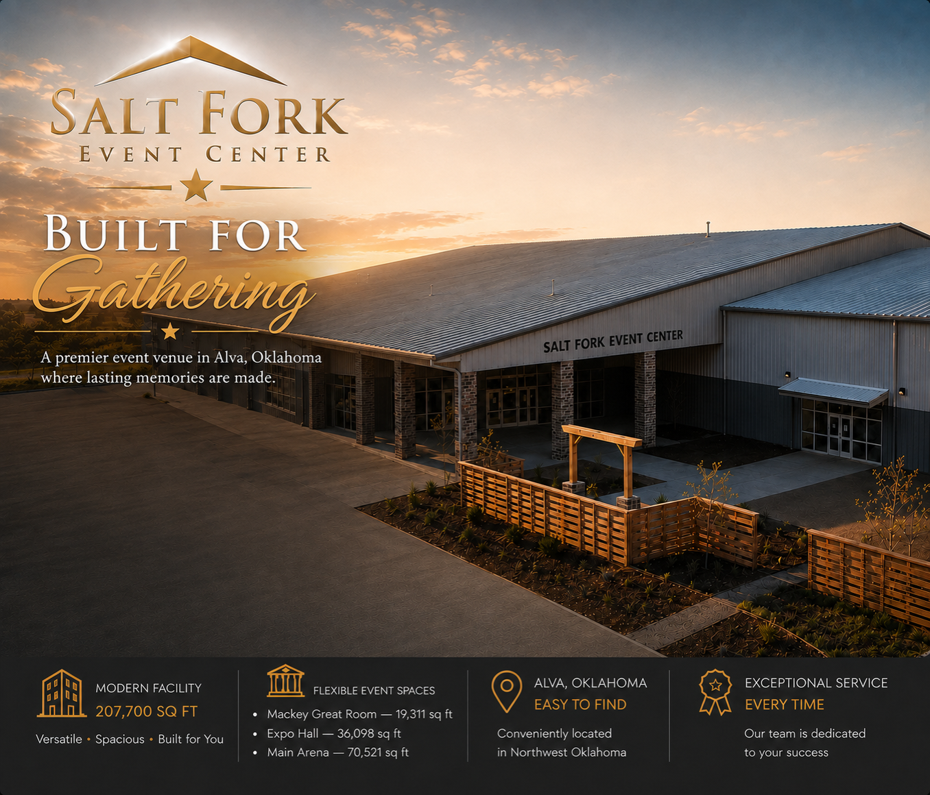 Salt Fork Event Center at sunset, with the gold Salt Fork logo and Built for Gathering message.