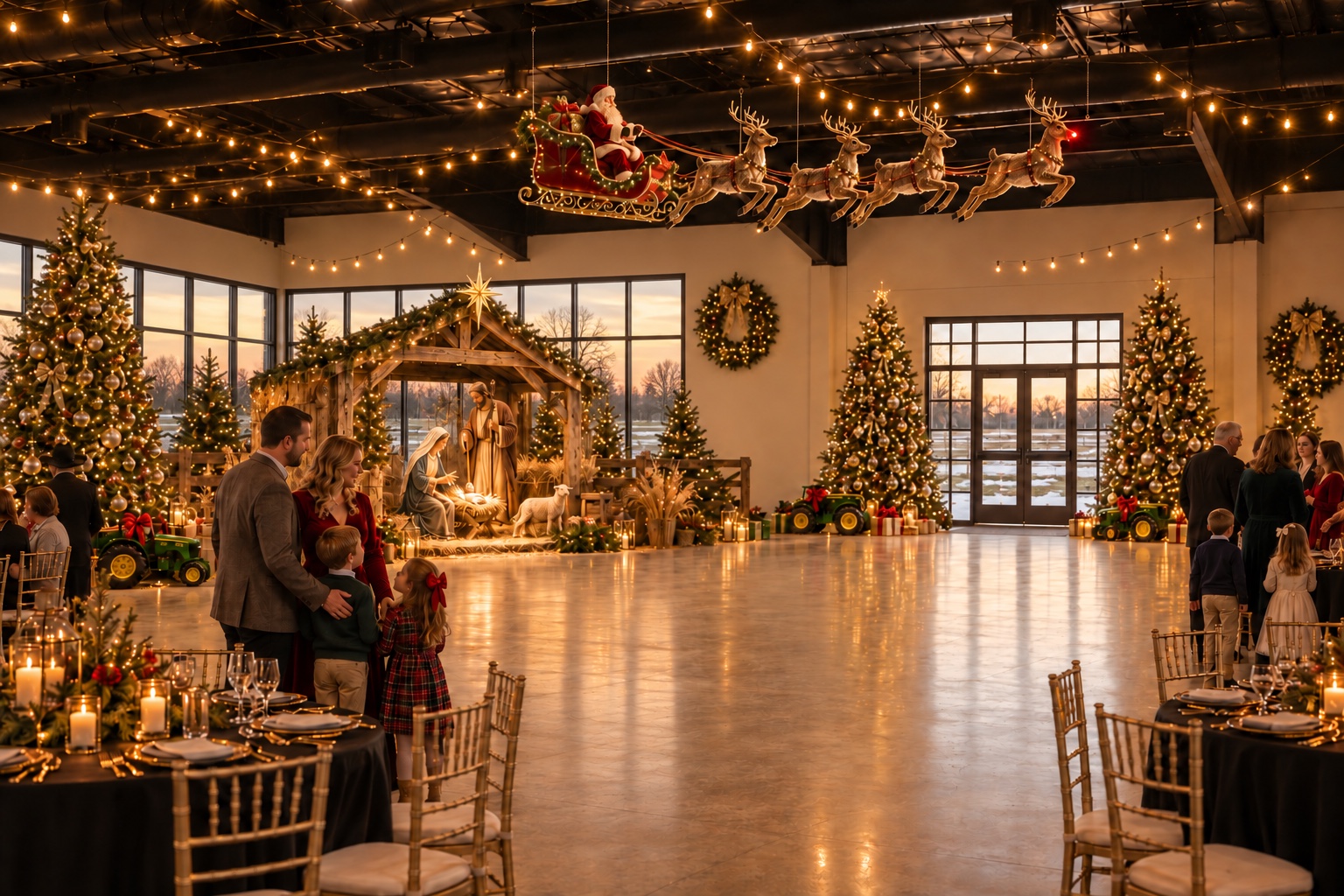 Christmas decorating concept for the Mackey Great Room: the Holy Family, Christmas trees, families, tractor gifts and Santa’s sleigh, with early sunset through the corner windows.